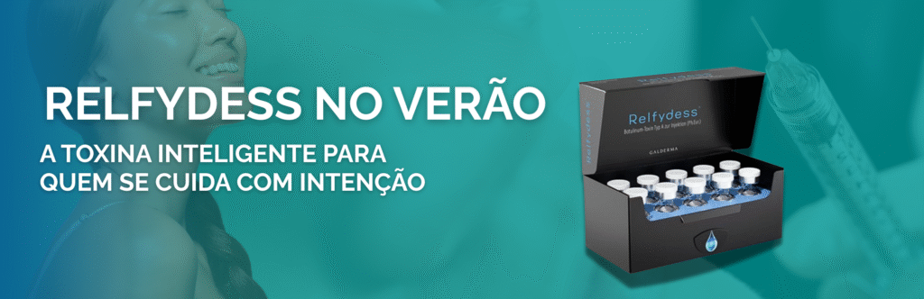 Caixa com ampolas da toxina Felfydess e uma mulher a sorrir ao fundo, a cor quase transparente na imagem é verde